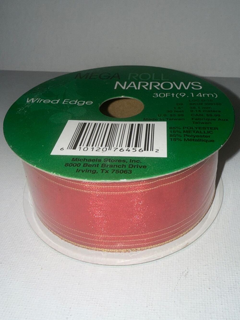 Michaels Narrow Wired-Edge Ribbon - Coral Red